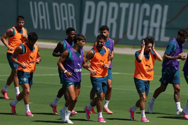 Portugal players warm up during a training session at the Gardens North County District Park in Palm Beach Gardens, Florida on June 21, 2026, during the 2026 World Cup football tournament.